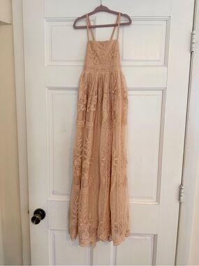 Indie Blue - Embroidered Strappy Maxi Dress in Nude Blush